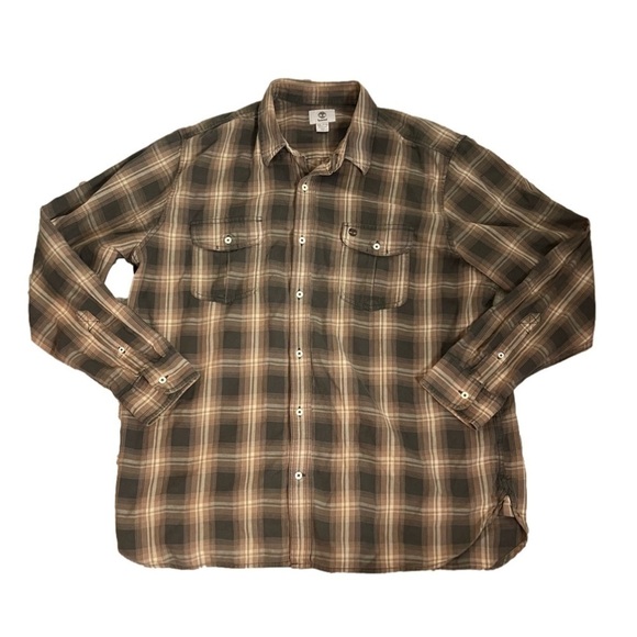 Men’s Timberland Brown Plaid Vintage Button Down Long Sleeve Size XXL! - Picture 3 of 7